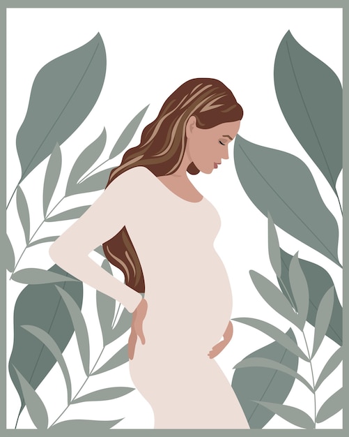 Вектор Иллюстрация красивой беременной женщины в белом платье на фоне тропических листьев