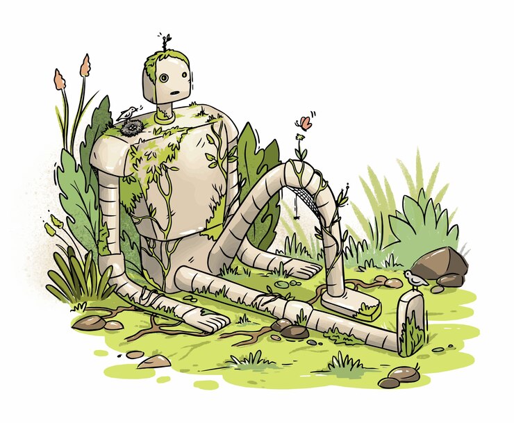 Vector illustration of an abandoned overgrown robot on the grass