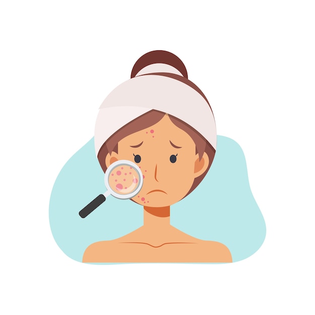 Vettore illustrazione su problemi di pelle acne concetto. la donna con la lente d'ingrandimento sta cercando l'acne sul suo viso.