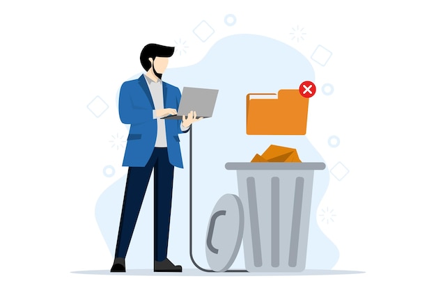 Vector illustration about concept of deleting files with man deleting files from laptop