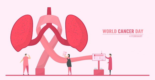 Illustrazione sulla giornata mondiale del cancro. le persone devono aumentare la consapevolezza e l'educazione su questa malattia. il segno di questo giorno è il nastro rosa.