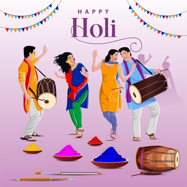 Illustrazione del design colorato astratto della carta di sfondo happy holi per il festival del colore dell'india
