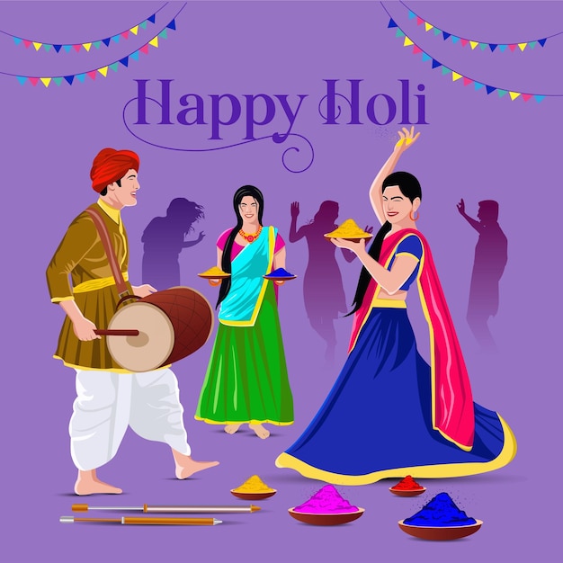 Vettore illustrazione del design colorato astratto della carta di sfondo happy holi per il festival del colore dell'india