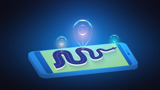 Illustration of an abstract luminous marker on a road route on a mobile phone.