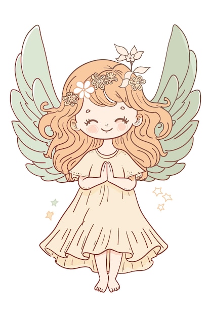 Illustration of adorable angel with teal wings smiling stars flowers halo