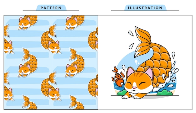 Illustration of adorable cat mermaid with decorative seamless pattern