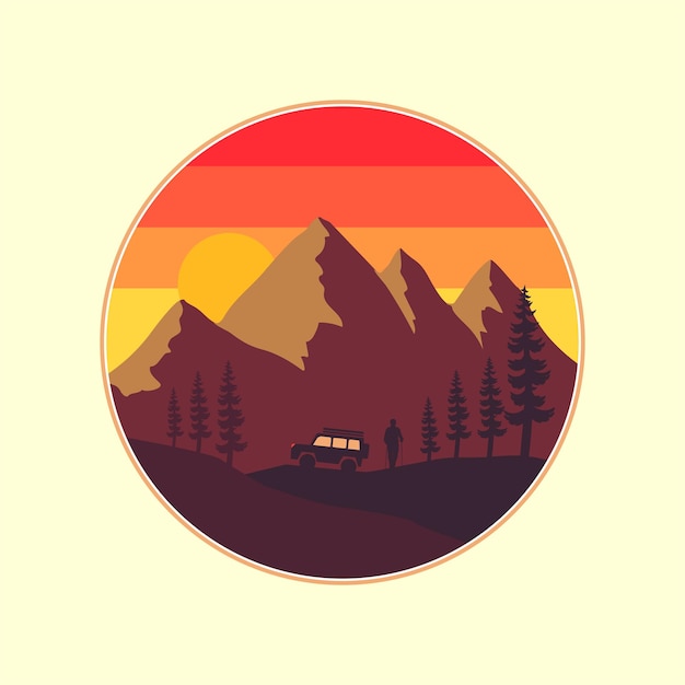 Vector illustration of an adventurous offroad car and hiker against a mountainous backdrop