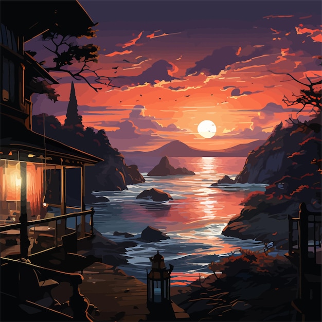 illustration of an aesthetic sunset view