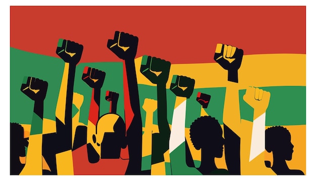 Иллюстрация группы афроамериканцев, стоящих вместе и размахивающих флагом Месяца черной истории