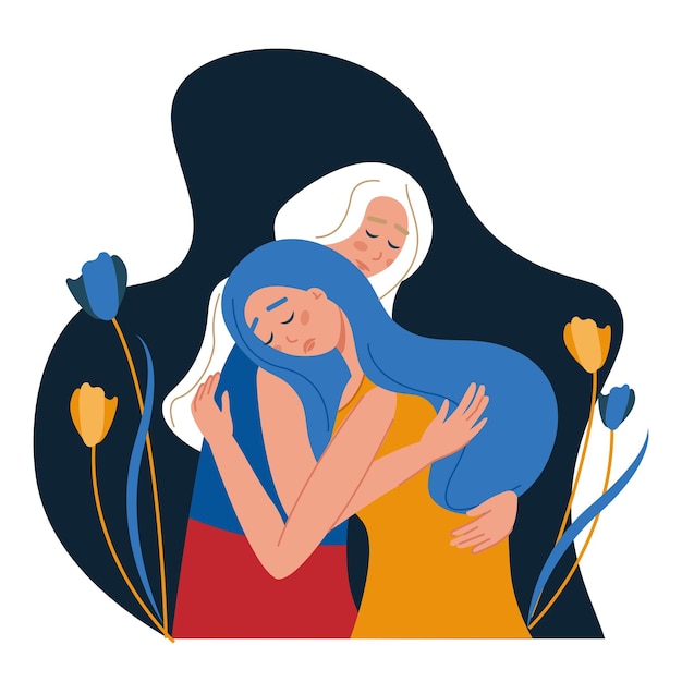 illustration against the war in ukraine two hugging girls in the colors of the flags