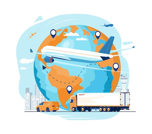 Vector illustration of air cargo transportation around the world globe cargo plane and road transport