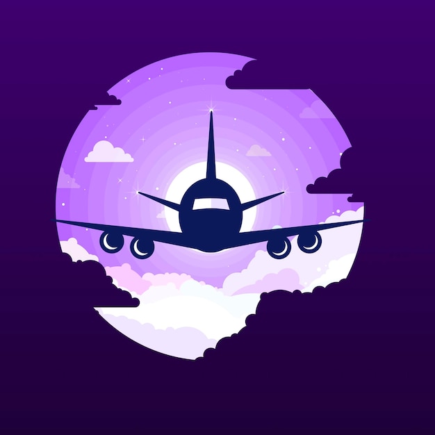 Vector illustration of an airplane flying in the sky in a round frame