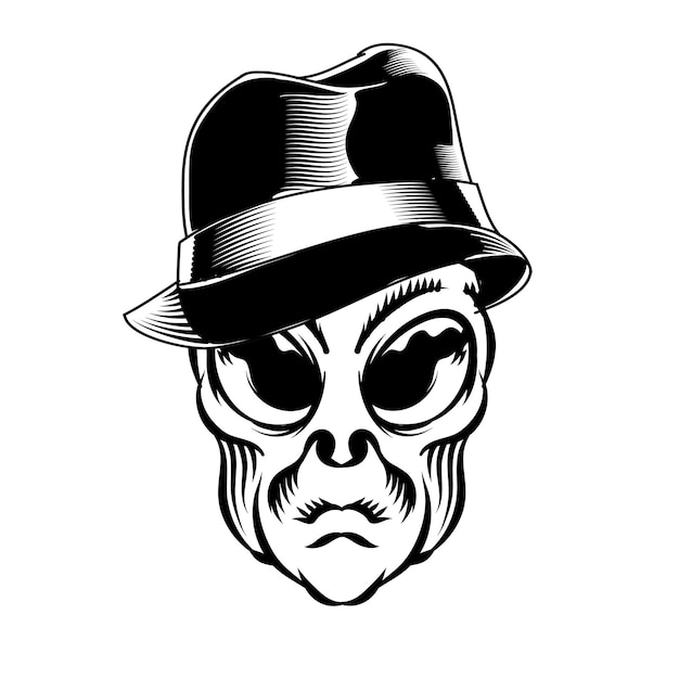 Illustration of alien head with hat for logo badge design vector element