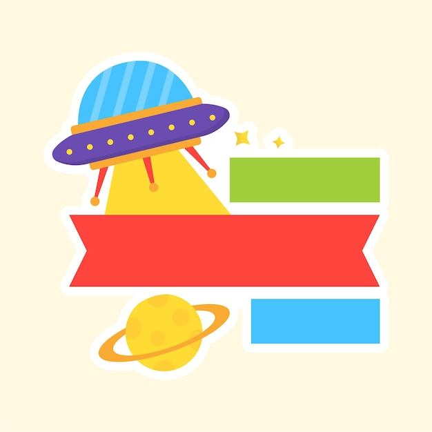 Vector illustration of alien spaceship with planet over yellow background and blank ribbon