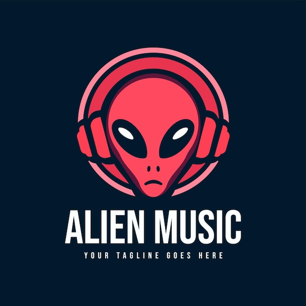 Illustration of an Alien Using Headphones Headset Design Recording Music Studio with Dark Red background