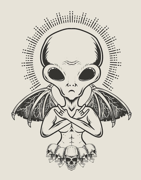 Illustration alien with demon wings monochrome style