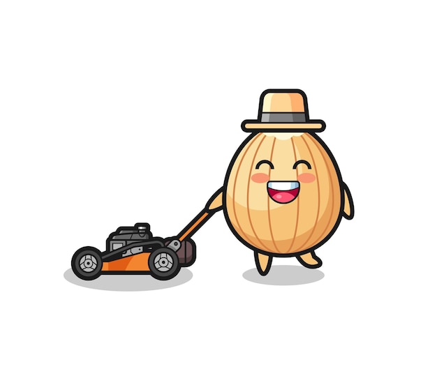 Illustration of the almond character using lawn mower