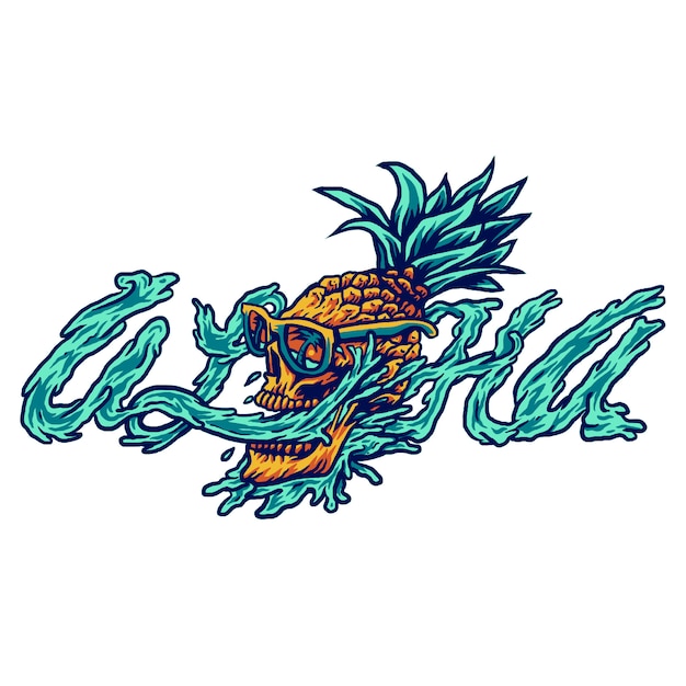 illustration of aloha, pineapple and skull