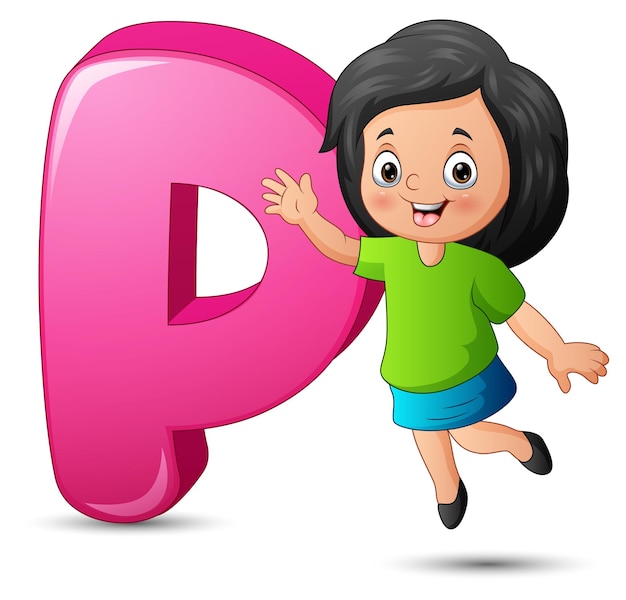 Illustration of alphabet p with happy girl