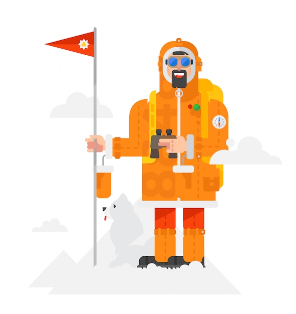 Illustration of a alpinist with a dog on a white background. Vector.