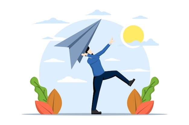 illustration of ambitious businessman running a large paper airplane startup or entrepreneurship