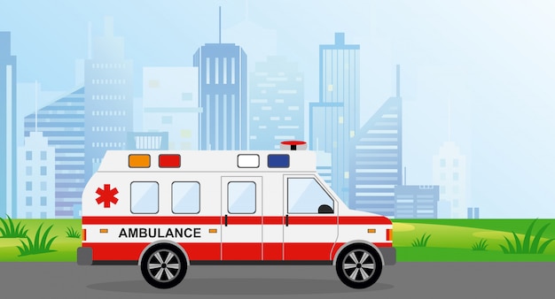 Illustrazione auto ambulanza in città. paesaggio urbano su sfondo nei colori blu chiaro. emergenza paramedica automatica in stile piatto.