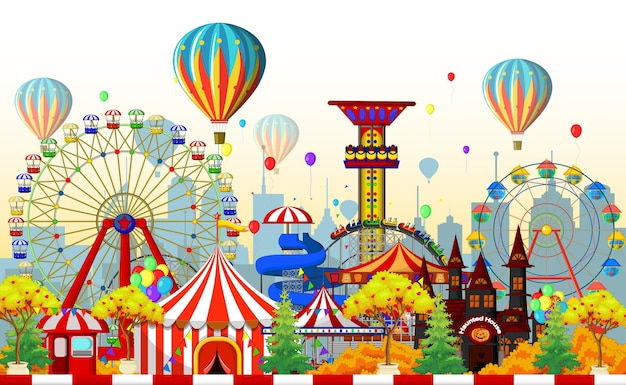 Vector illustration of amusement rides with a city background