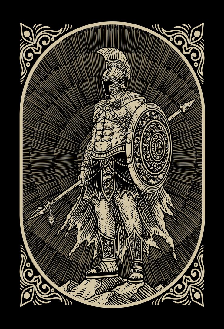 Vector illustration of ancient spartan warrior with shield and spear engraving style vector design
