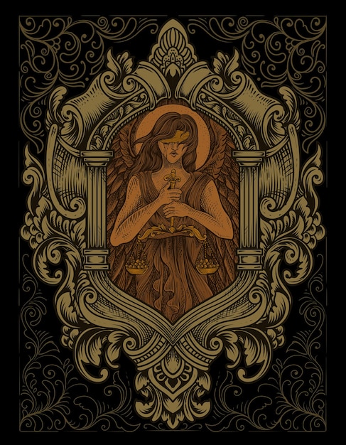 Illustration angel justice with engraving ornament style