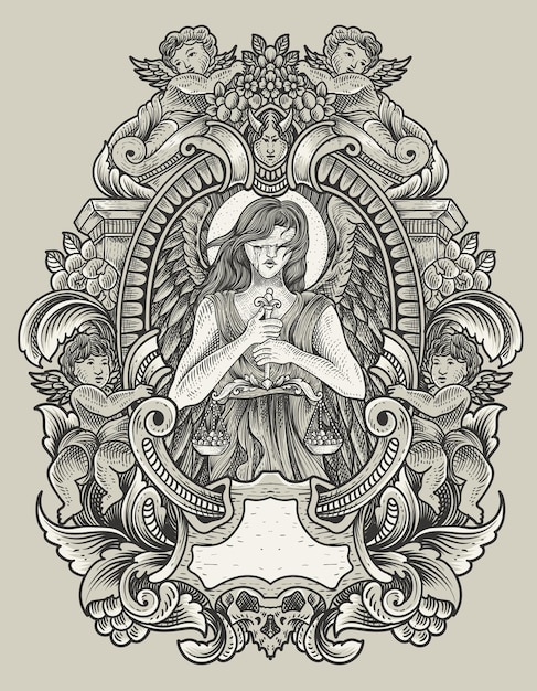 Vector illustration angel justice with engraving ornament style