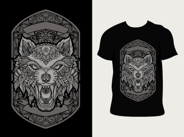 Illustration angry wolf with ornament style