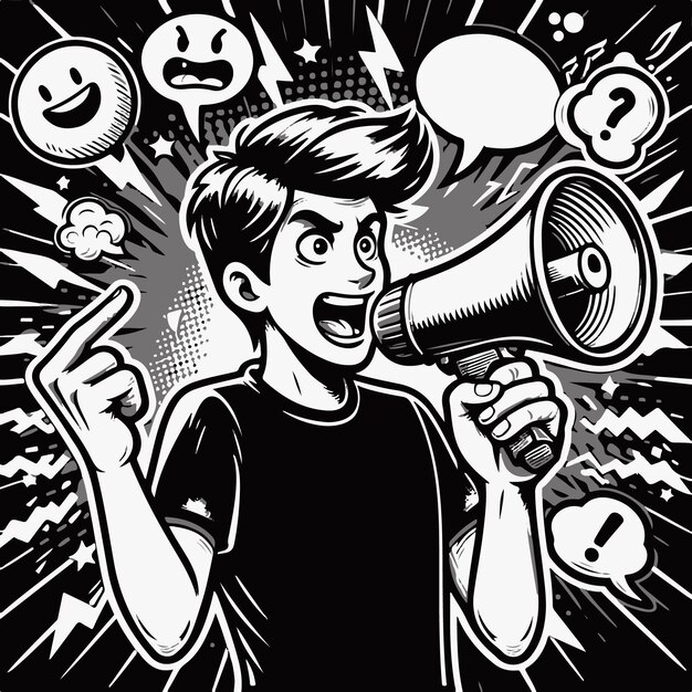 Vector illustration of an angry young man shouting through a megaphone