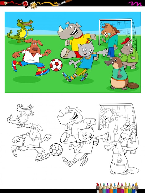 サッカーカラーブックをプレイしている動物キャラクターのイラスト