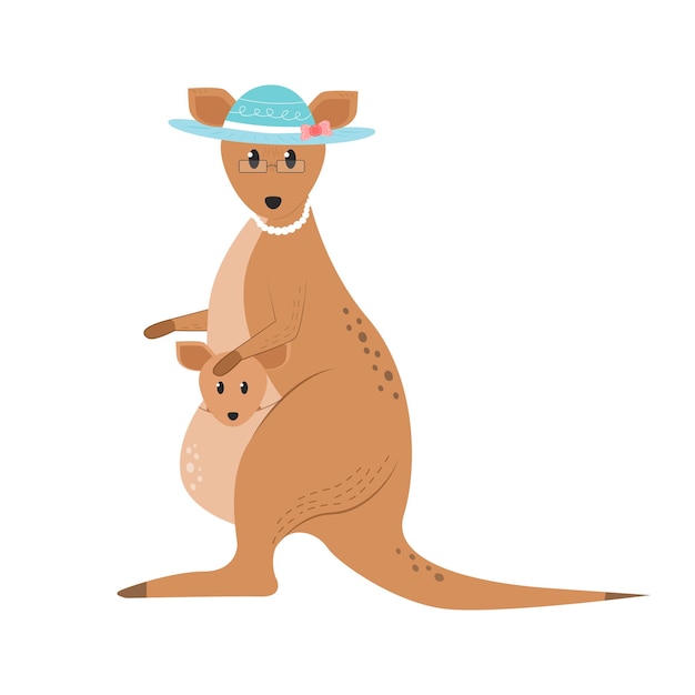 Illustration of an animal kangaroo in a hat with a kangaroo in a bag Kangaroo character with baby in bag