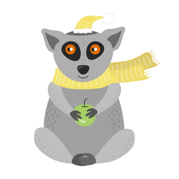 Illustration of an animal lemur with a hat scarf apple in its paws Character lemur with an apple scarf hat