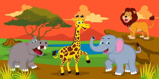 Illustration of animals on african prairie, giraffe, elephant and hippopotamus with evening sky view