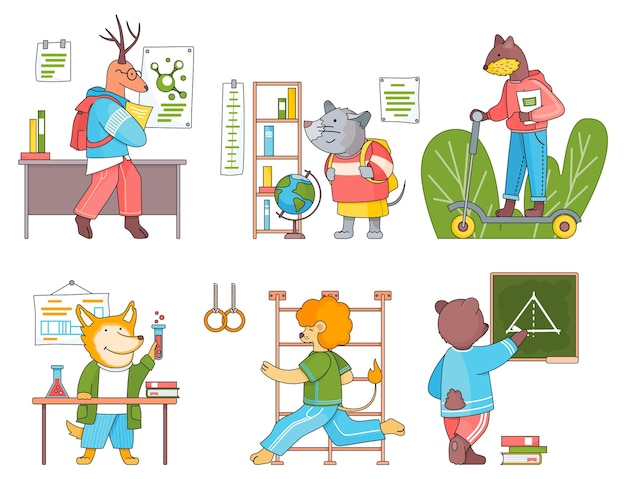 Illustration of animals in a classroom Collection of funny cartoon animals students Back to school set Characters of forest inhabitants get an education studying with books siting at a desk