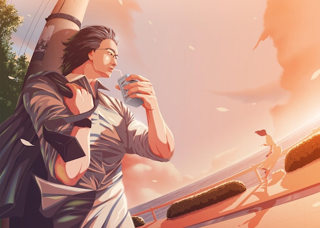 Illustration in anime style of the office man casually relaxing at the harbor and steal a glance to the lady that sitting and having meal nearby