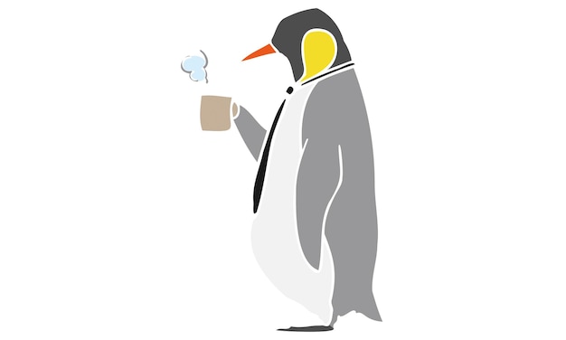 Vector illustration of an anthropomorphic penguin office worker drinking tea for a break