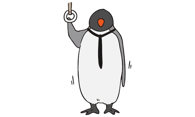 Illustration of an anthropomorphic penguin office worker swinging on a train