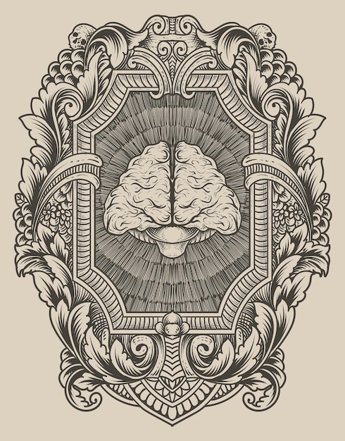 Illustration antique brain with engraving style