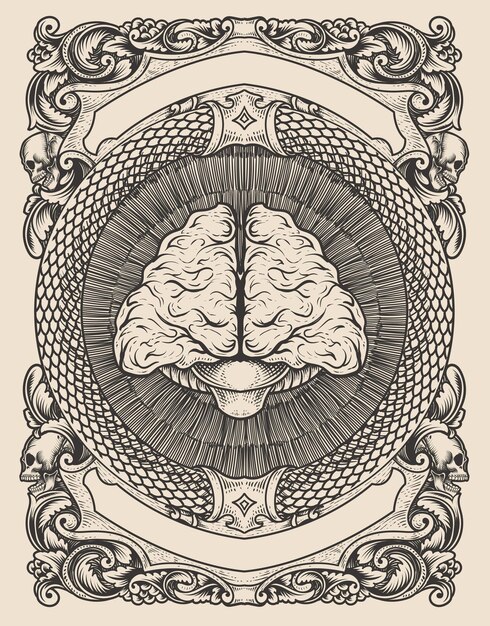 Illustration antique brain with engraving style