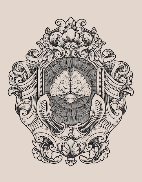 Illustration antique brain with engraving style