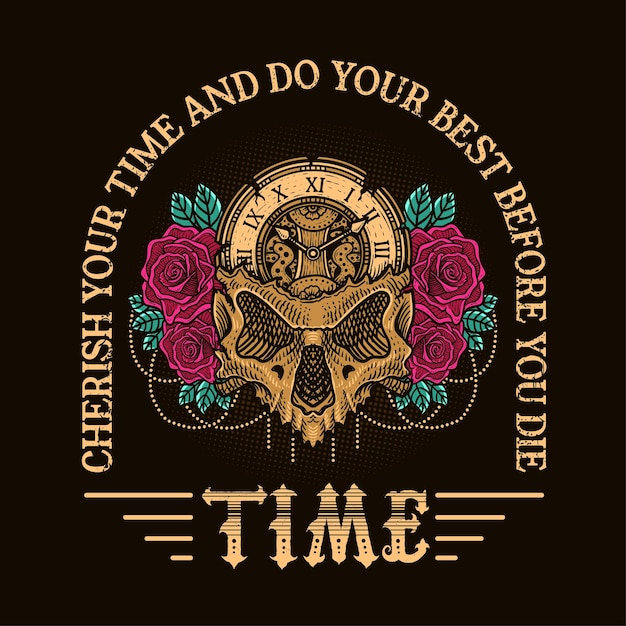 Vector illustration antique skull time piece with rose flower