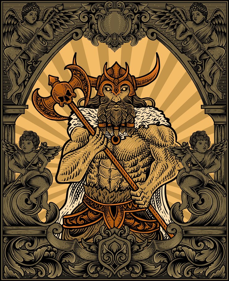 Vector illustration antique viking warriors with engraving ornament frame