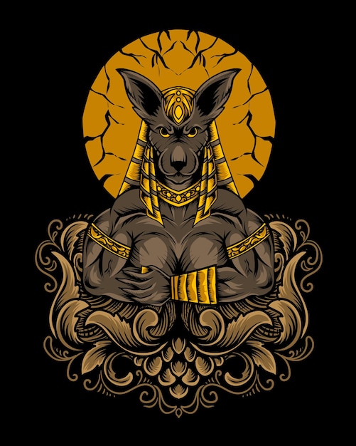 Illustration anubis god with engraving ornament