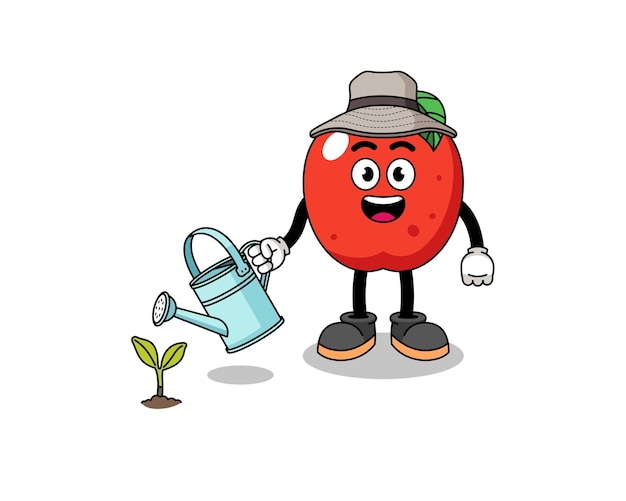 Illustration of apple cartoon watering the plant character design