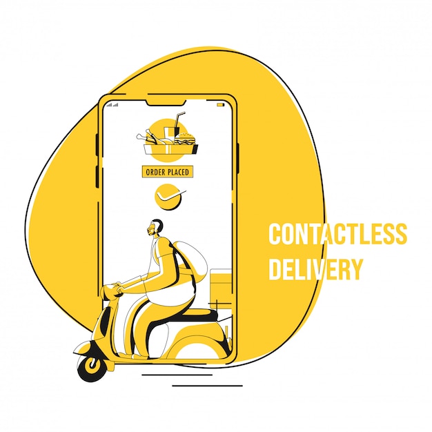  Illustration Of Approval Order Placed In Smartphone With Courier Boy Riding Scooter For Contactless Delivery During Coronavirus.