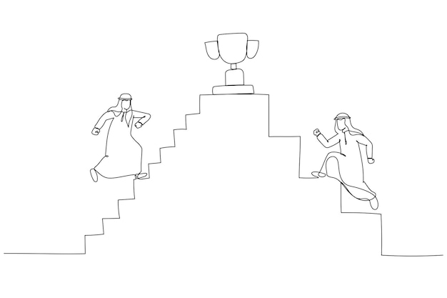 上部のトロフィーに向かって階段を上るアラブのビジネスマンのイラスト 単一の連続線画スタイル