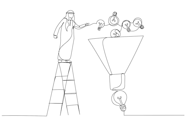 Illustration of arab businessman help put small lightbulb in funnel to get final idea Idea funnel Single line art style